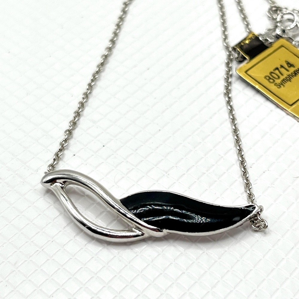Vintage MONET Black Enamel and Silver Tone Abstract Ribbon Pendant 14" Necklace